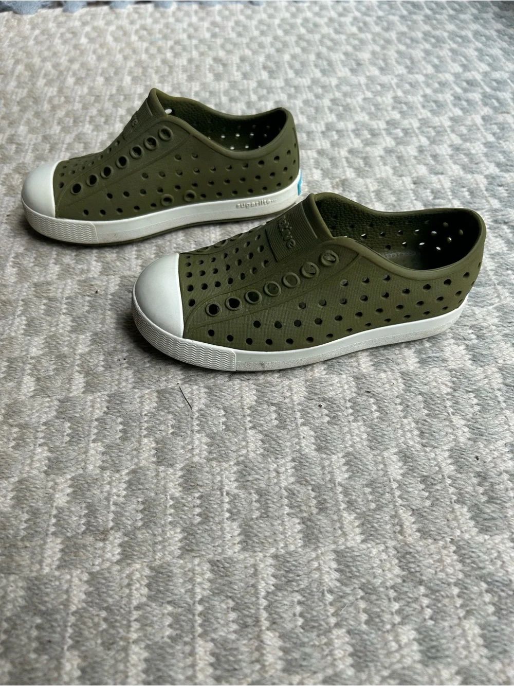 Native Kids Slip-On Water Shoes in Olive Green with White Toe Caps